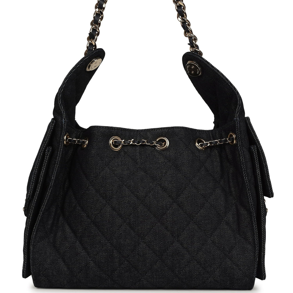 Small 25 Hobo Bag Dark Blue Denim Light Gold Hardware