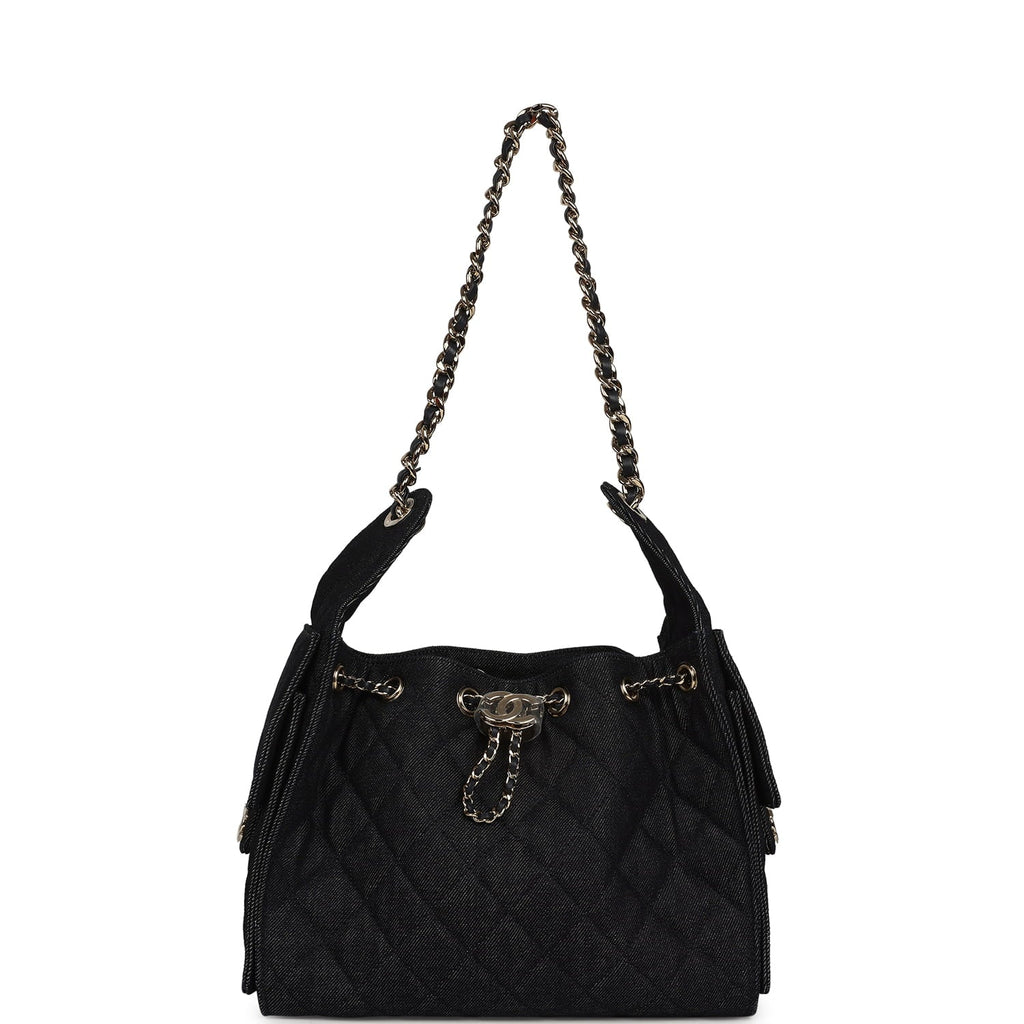 Small 25 Hobo Bag Dark Blue Denim Light Gold Hardware