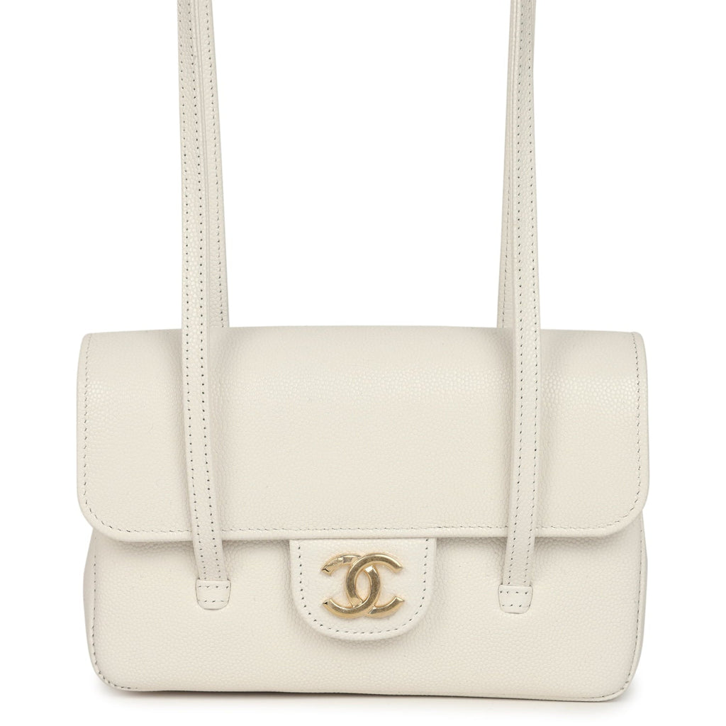 Mini Preppy Coco Clutch with Straps White Shiny Caviar Brushed Gold Hardware