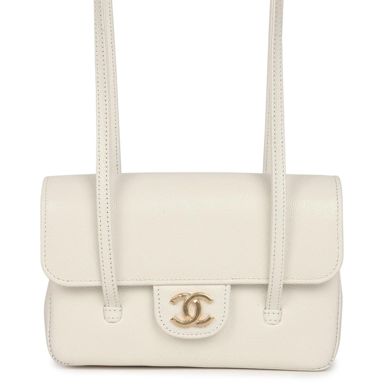 Mini Preppy Coco Clutch with Straps White Shiny Caviar Brushed Gold Hardware