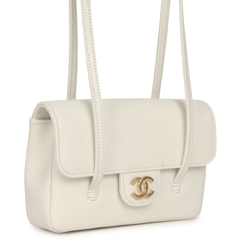 Mini Preppy Coco Clutch with Straps White Shiny Caviar Brushed Gold Hardware