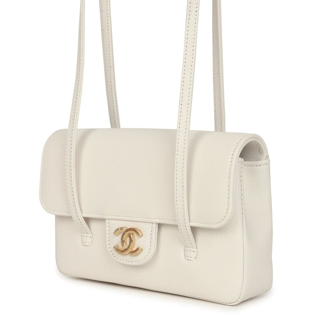 Mini Preppy Coco Clutch with Straps White Shiny Caviar Brushed Gold Hardware