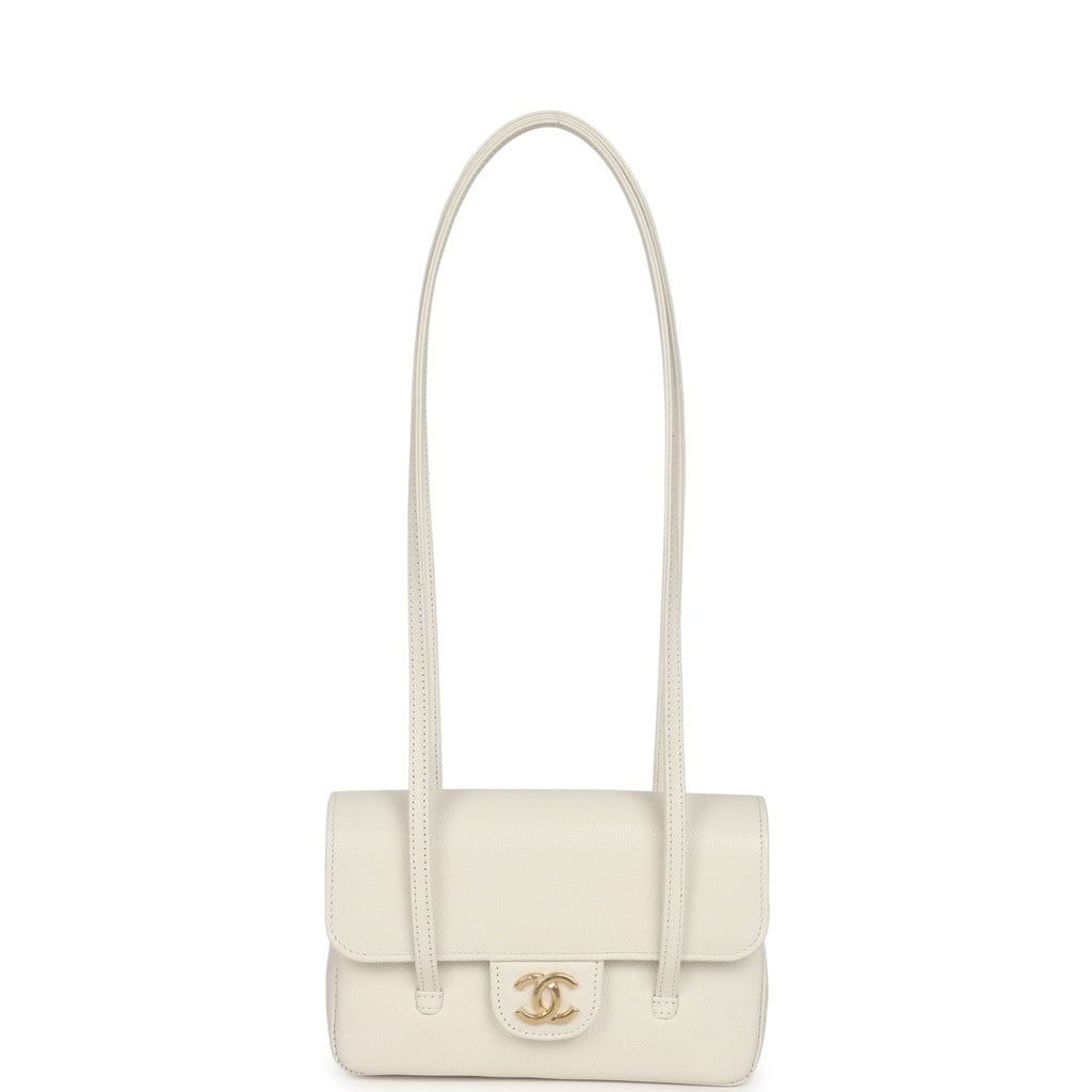Mini Preppy Coco Clutch with Straps White Shiny Caviar Brushed Gold Hardware