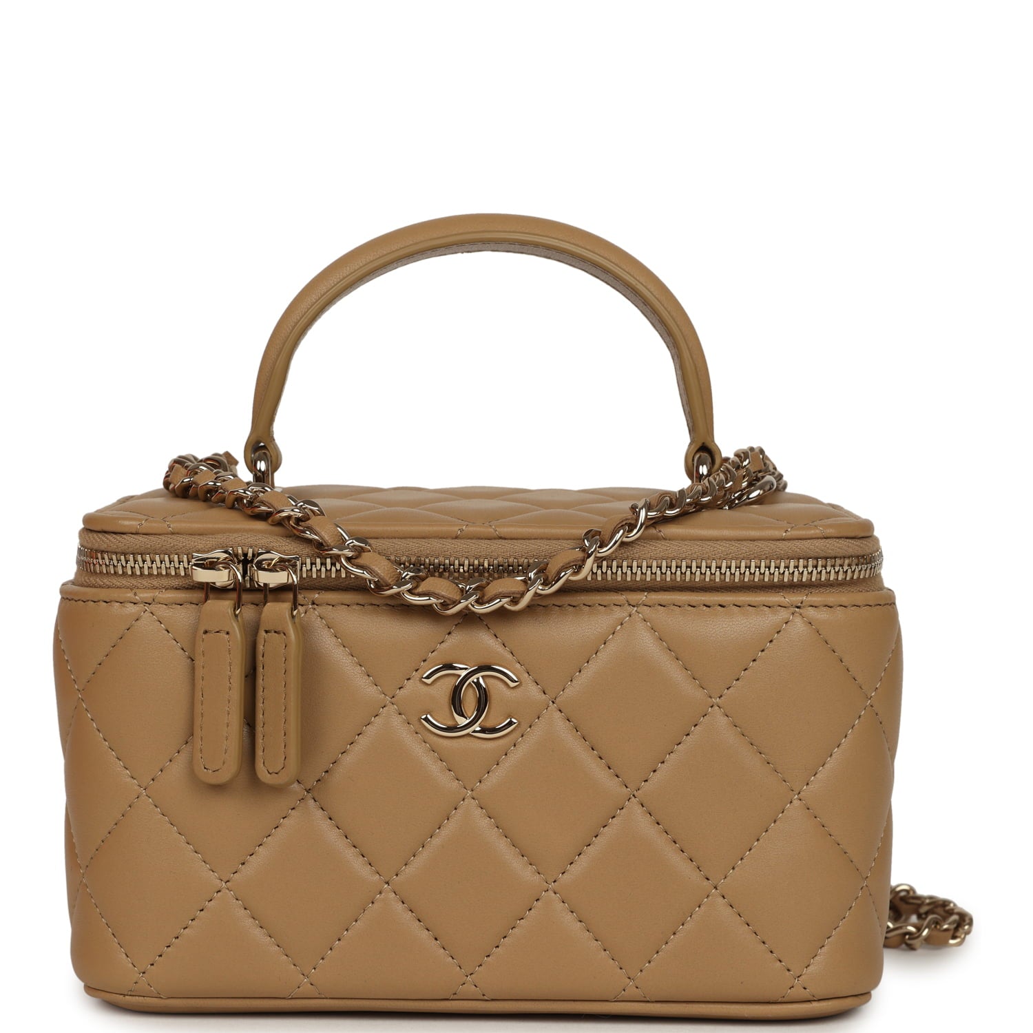 Small Top Handle Vanity Case Dark Beige Lambskin Light Gold Hardware