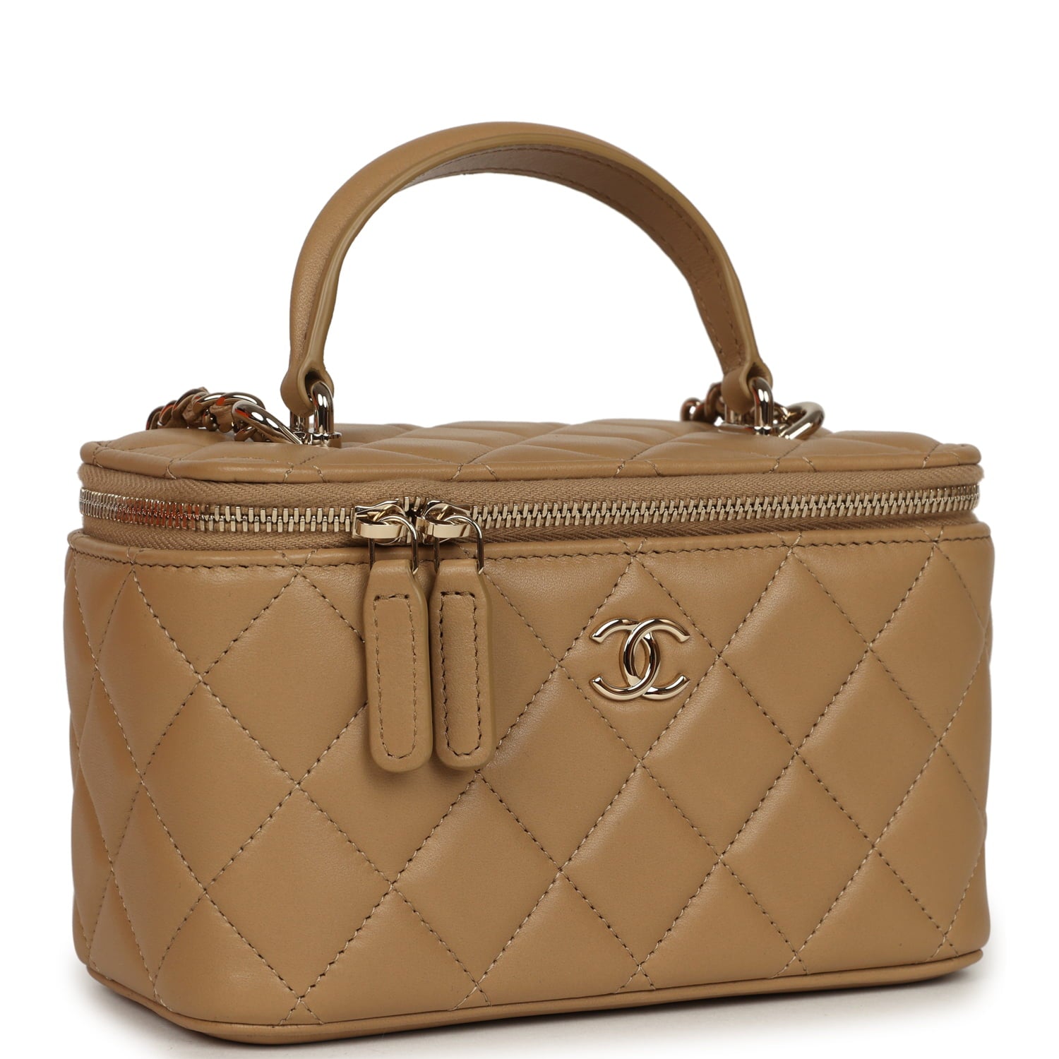 Small Top Handle Vanity Case Dark Beige Lambskin Light Gold Hardware