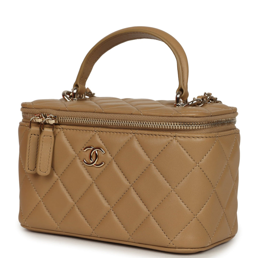 Small Top Handle Vanity Case Dark Beige Lambskin Light Gold Hardware