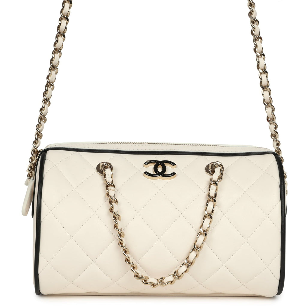 Mini Timeless Classic Barrel Bag with Chain White and Black Lambskin Light Gold Hardware
