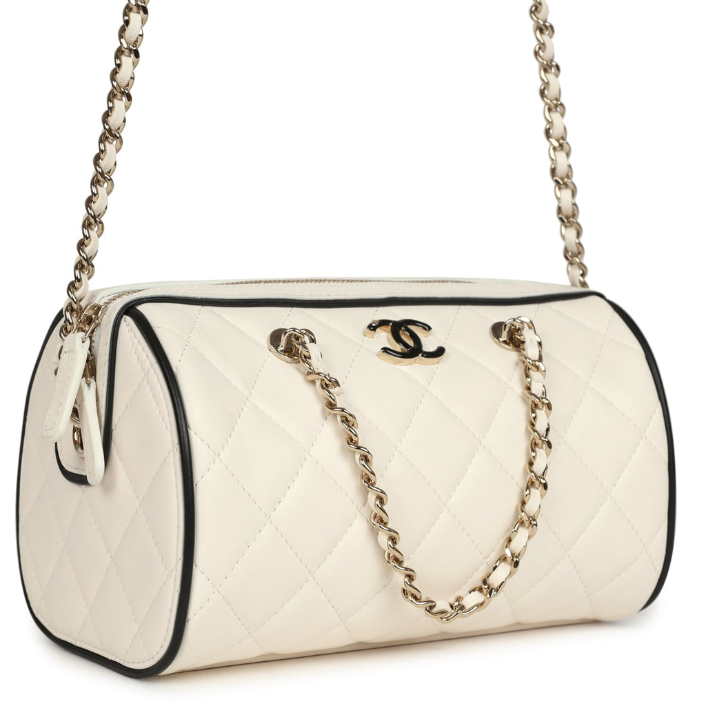 Mini Timeless Classic Barrel Bag with Chain White and Black Lambskin Light Gold Hardware
