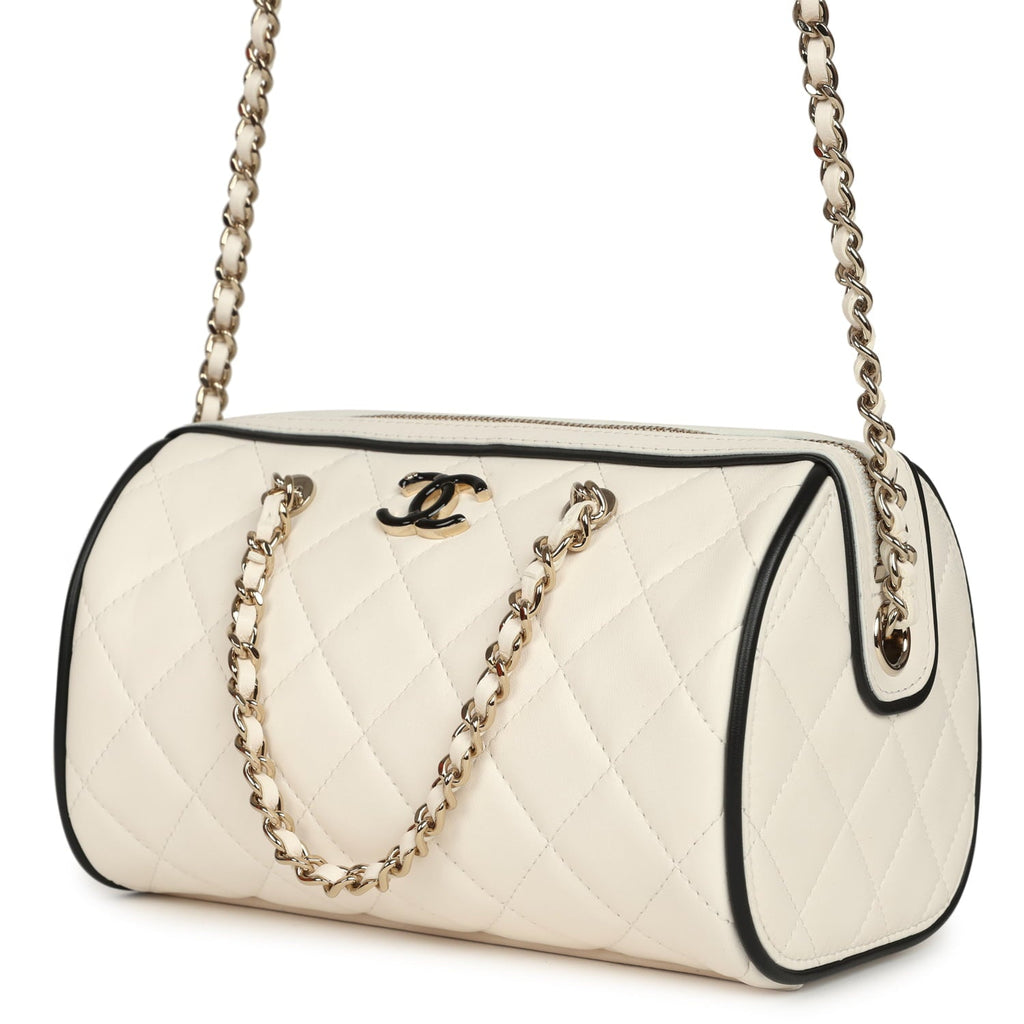 Mini Timeless Classic Barrel Bag with Chain White and Black Lambskin Light Gold Hardware
