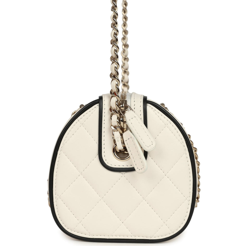 Mini Timeless Classic Barrel Bag with Chain White and Black Lambskin Light Gold Hardware