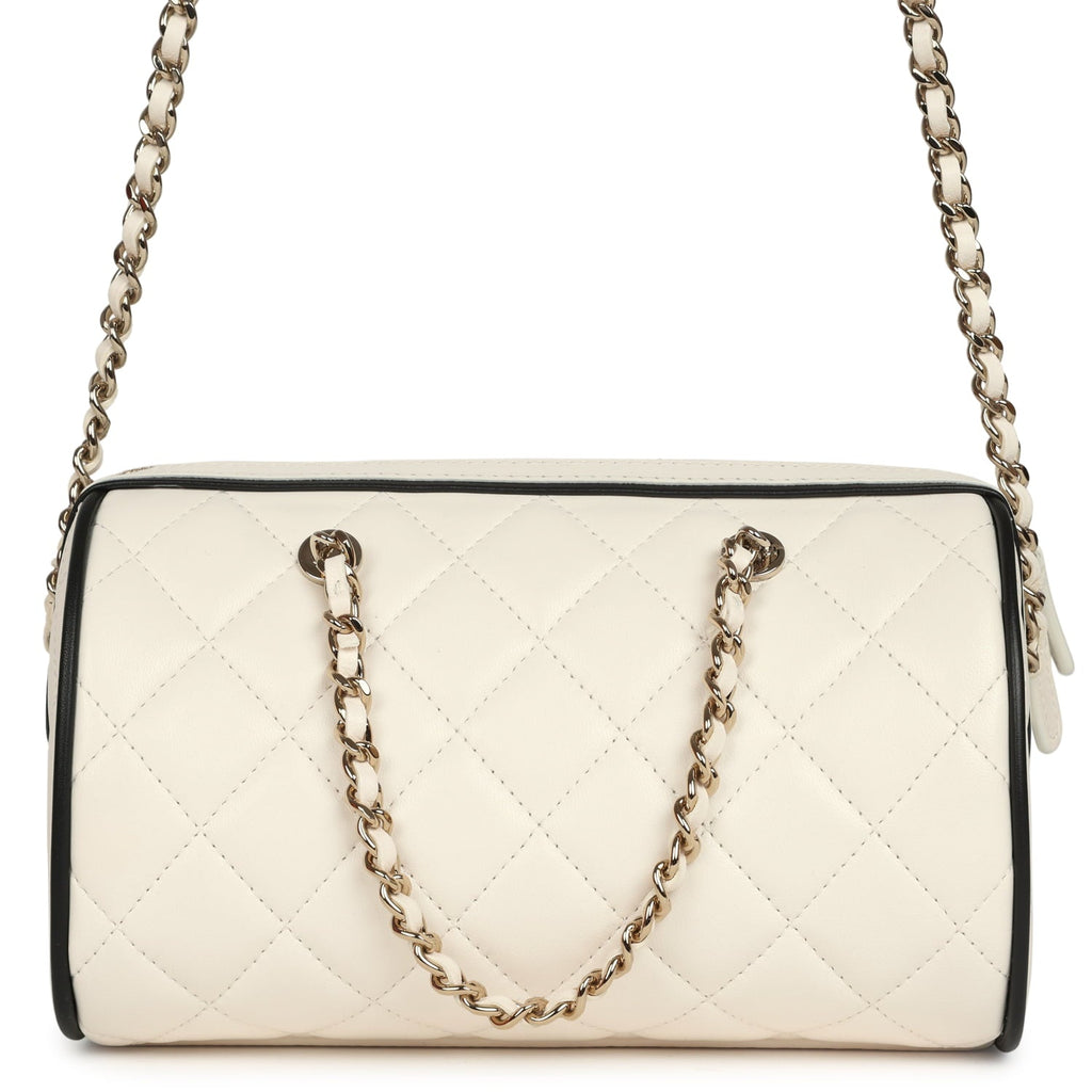 Mini Timeless Classic Barrel Bag with Chain White and Black Lambskin Light Gold Hardware