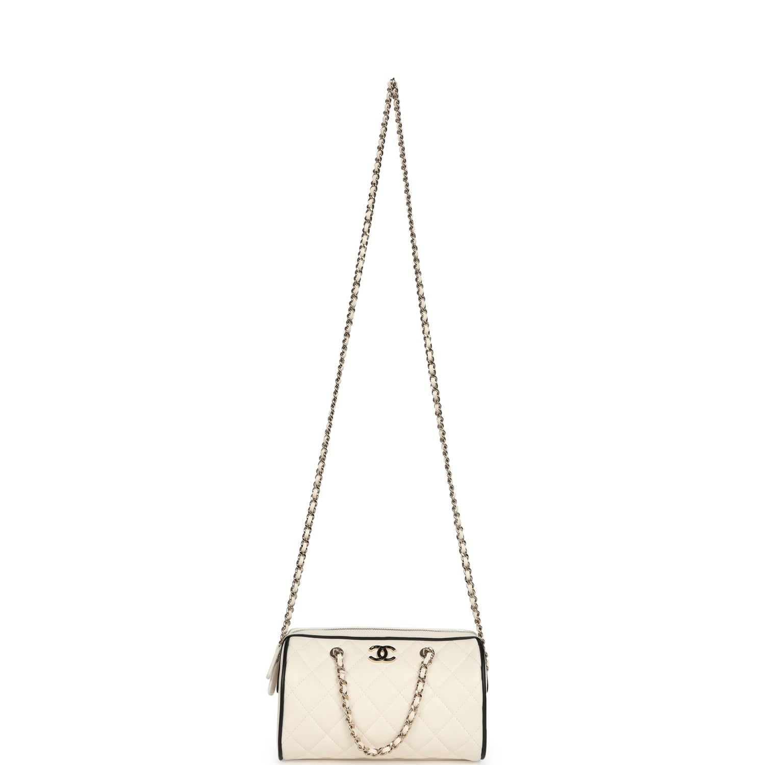 Mini Timeless Classic Barrel Bag with Chain White and Black Lambskin Light Gold Hardware