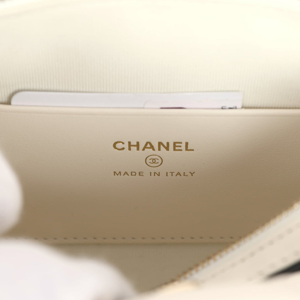 Mini Timeless Classic Barrel Bag with Chain White and Black Lambskin Light Gold Hardware