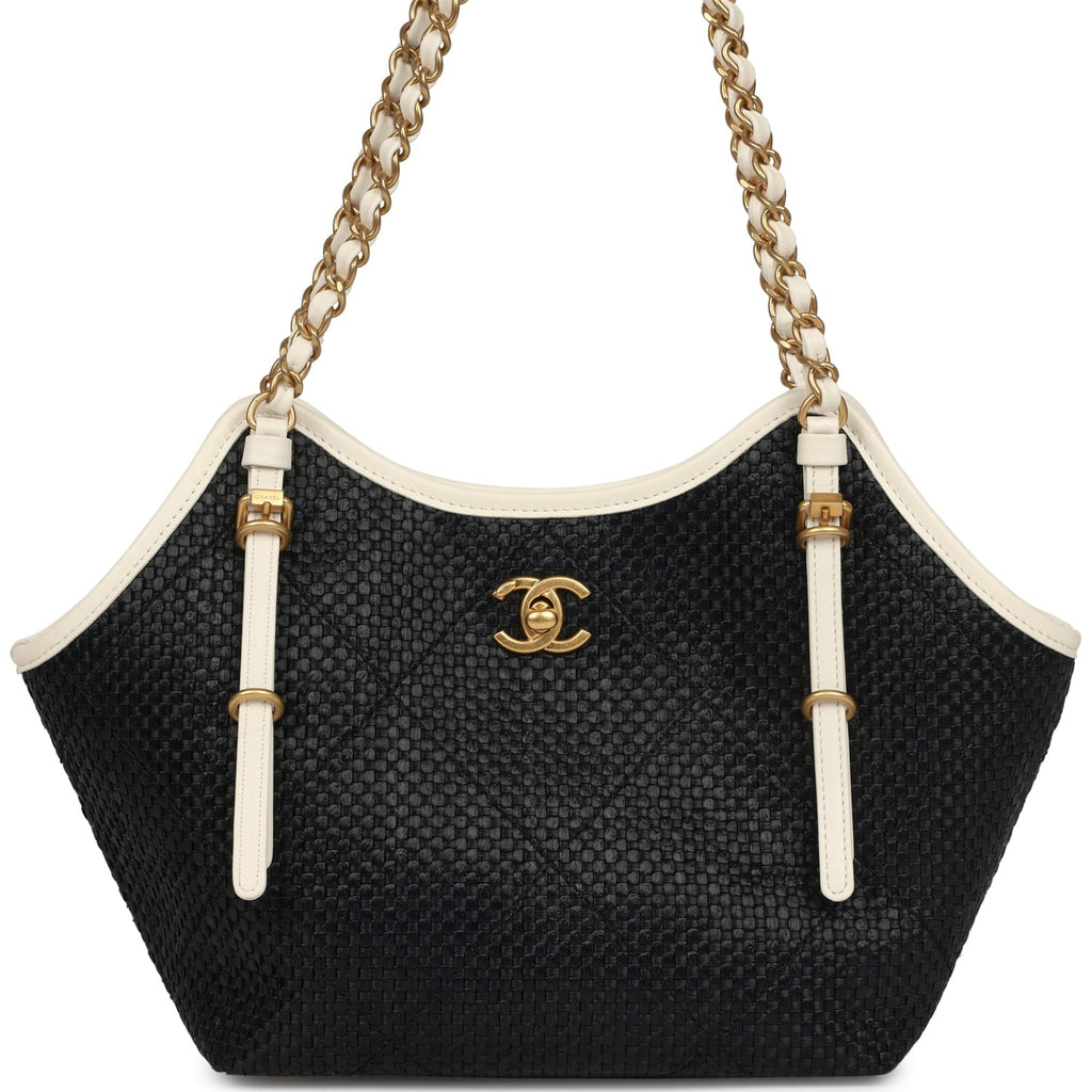 Small Coco Shopping Bag Black Raffia and White Calfskin Antique Gold Hardware
