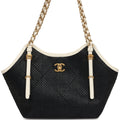 Small Coco Shopping Bag Black Raffia and White Calfskin Antique Gold Hardware