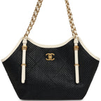 Small Coco Shopping Bag Black Raffia and White Calfskin Antique Gold Hardware
