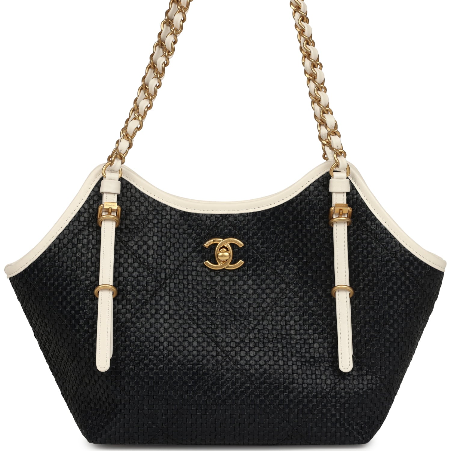 Small Coco Shopping Bag Black Raffia and White Calfskin Antique Gold Hardware
