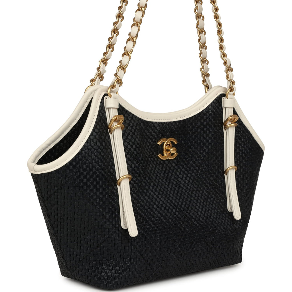 Small Coco Shopping Bag Black Raffia and White Calfskin Antique Gold Hardware
