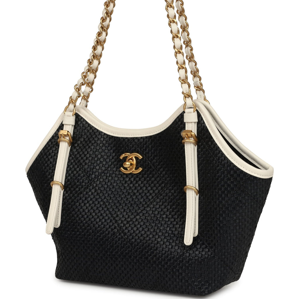 Small Coco Shopping Bag Black Raffia and White Calfskin Antique Gold Hardware