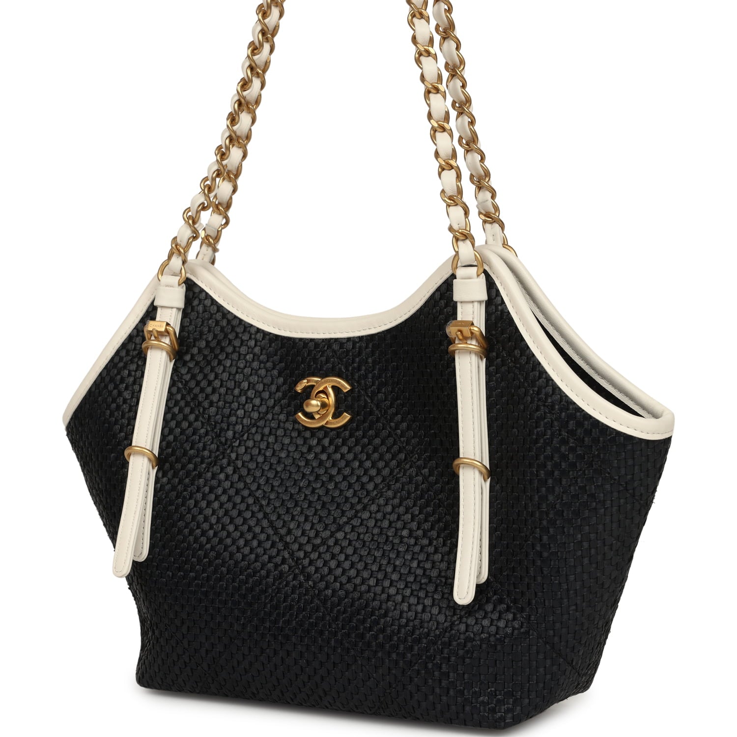 Small Coco Shopping Bag Black Raffia and White Calfskin Antique Gold Hardware