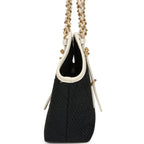 Small Coco Shopping Bag Black Raffia and White Calfskin Antique Gold Hardware