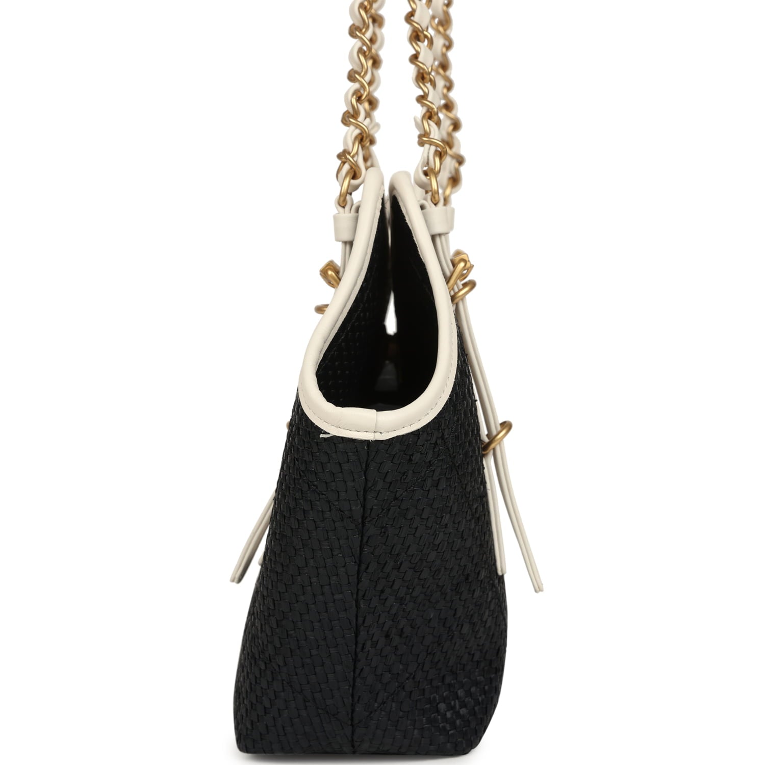 Small Coco Shopping Bag Black Raffia and White Calfskin Antique Gold Hardware