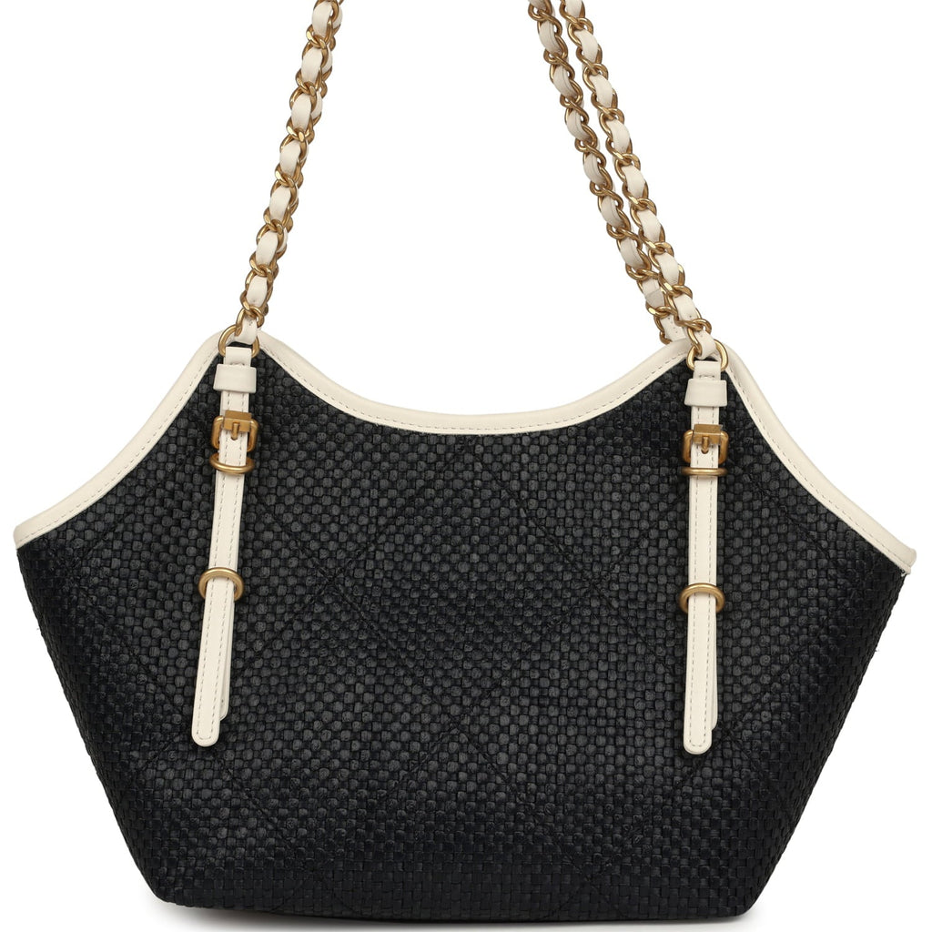 Small Coco Shopping Bag Black Raffia and White Calfskin Antique Gold Hardware
