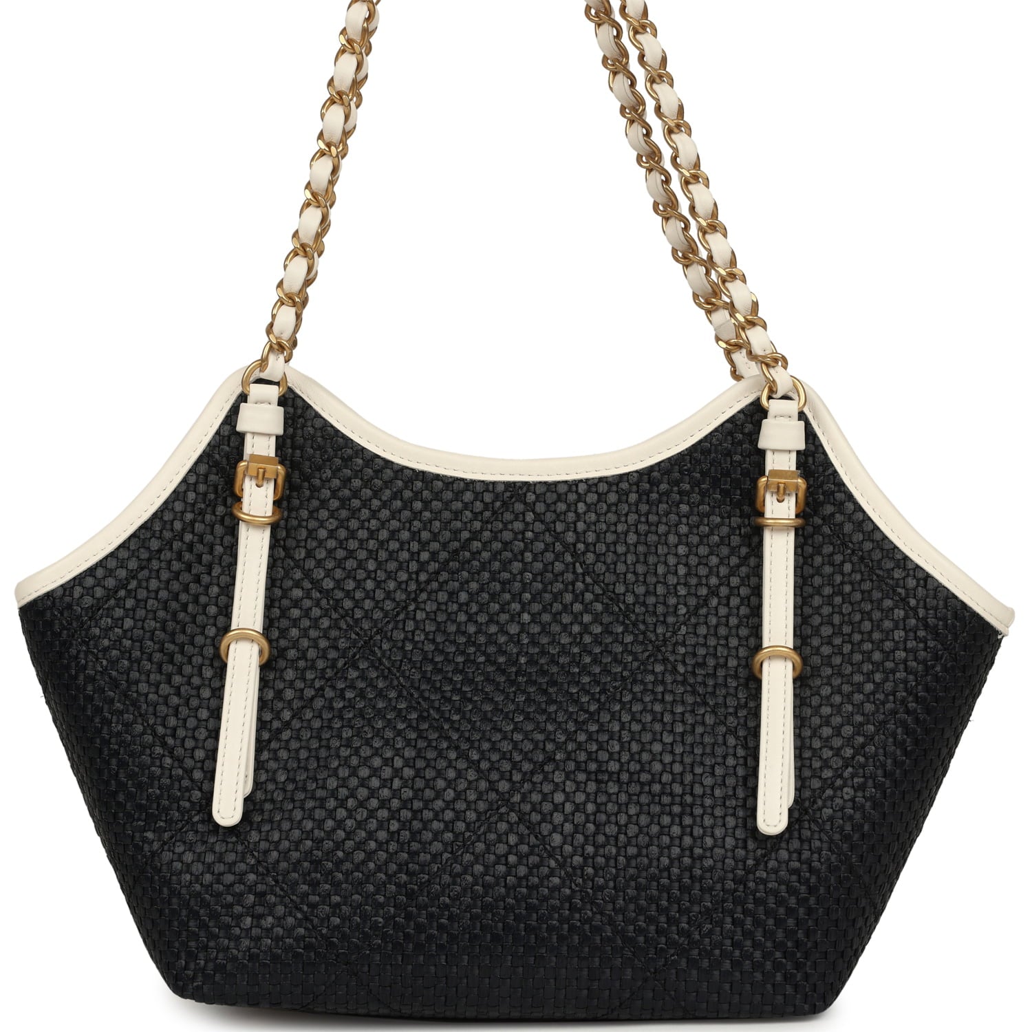 Small Coco Shopping Bag Black Raffia and White Calfskin Antique Gold Hardware