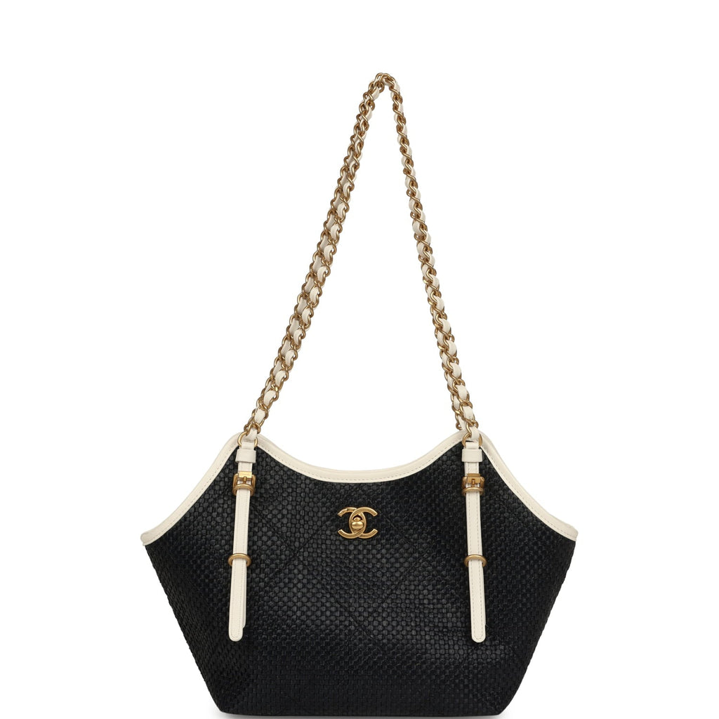Small Coco Shopping Bag Black Raffia and White Calfskin Antique Gold Hardware