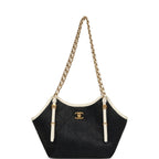 Small Coco Shopping Bag Black Raffia and White Calfskin Antique Gold Hardware