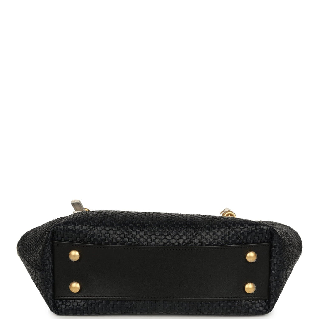Small Coco Shopping Bag Black Raffia and White Calfskin Antique Gold Hardware