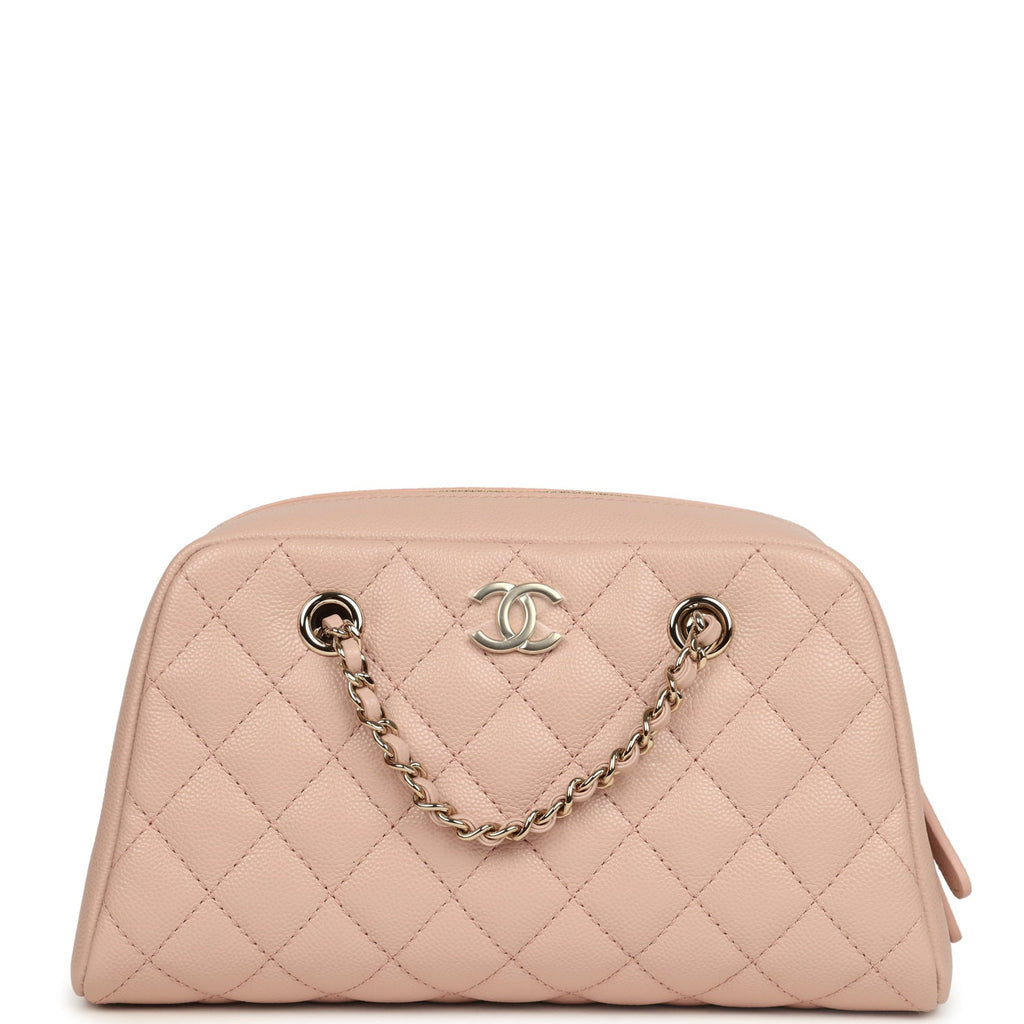 Small Bowling Clutch with Chain Straps Pink Shiny Caviar Light Gold Hardware