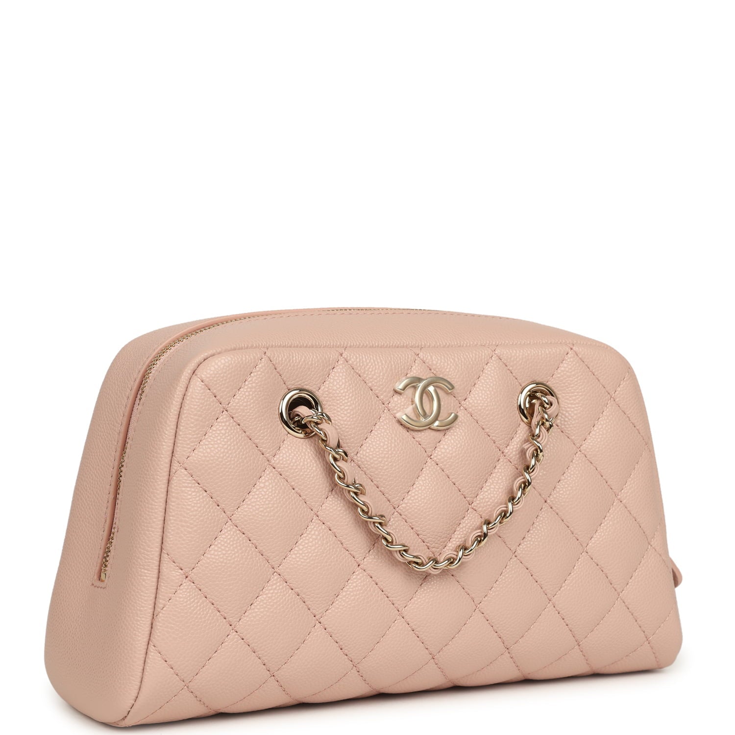 Small Bowling Clutch with Chain Straps Pink Shiny Caviar Light Gold Hardware