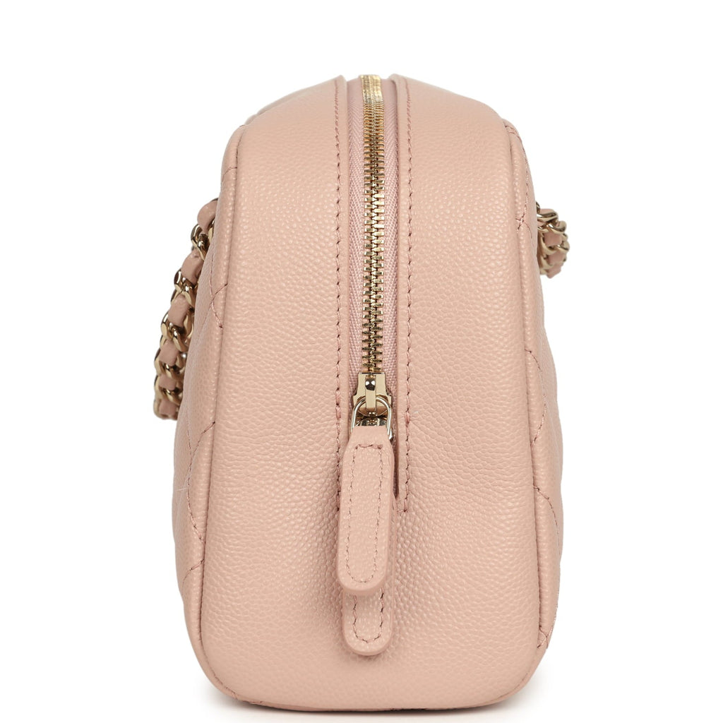 Small Bowling Clutch with Chain Straps Pink Shiny Caviar Light Gold Hardware