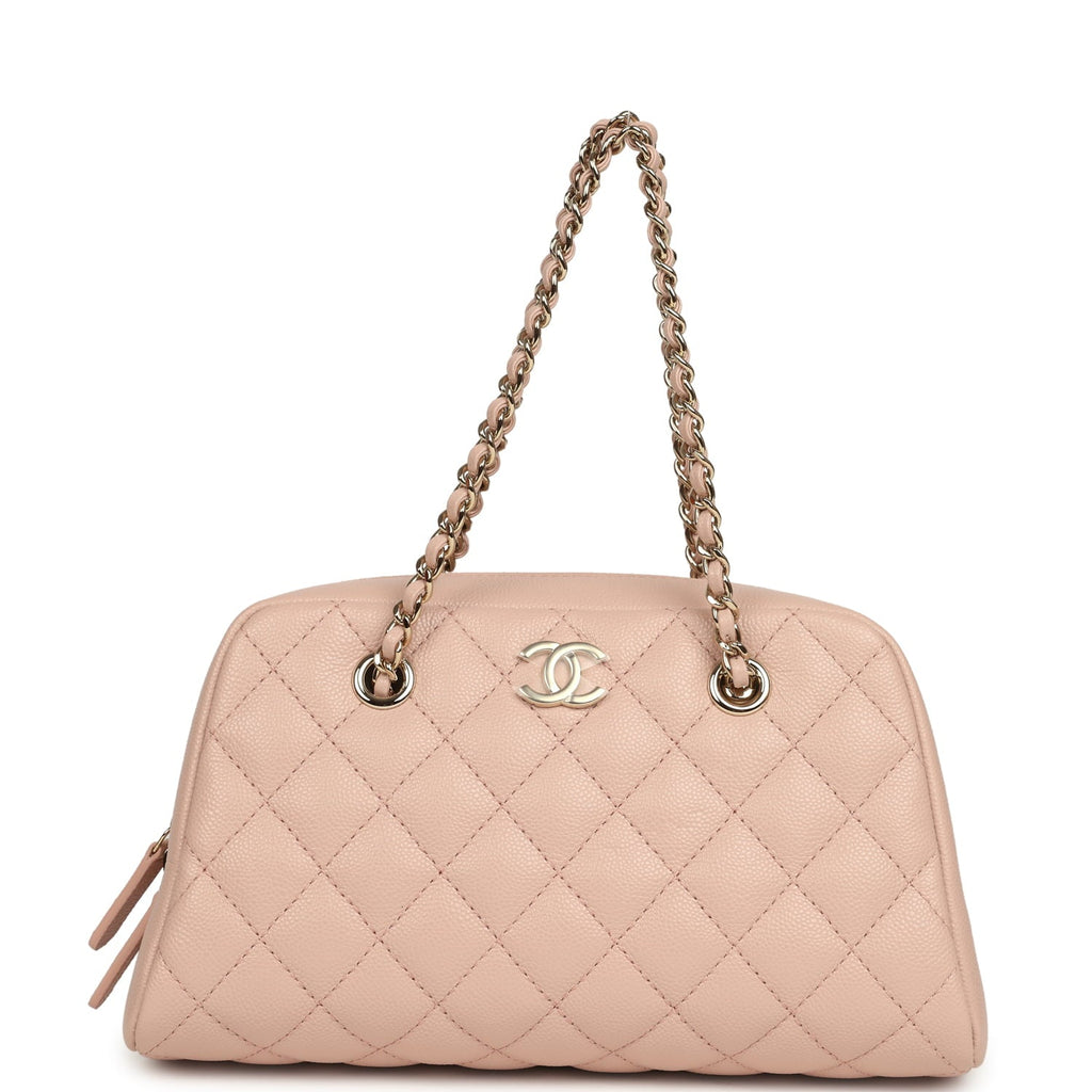 Small Bowling Clutch with Chain Straps Pink Shiny Caviar Light Gold Hardware