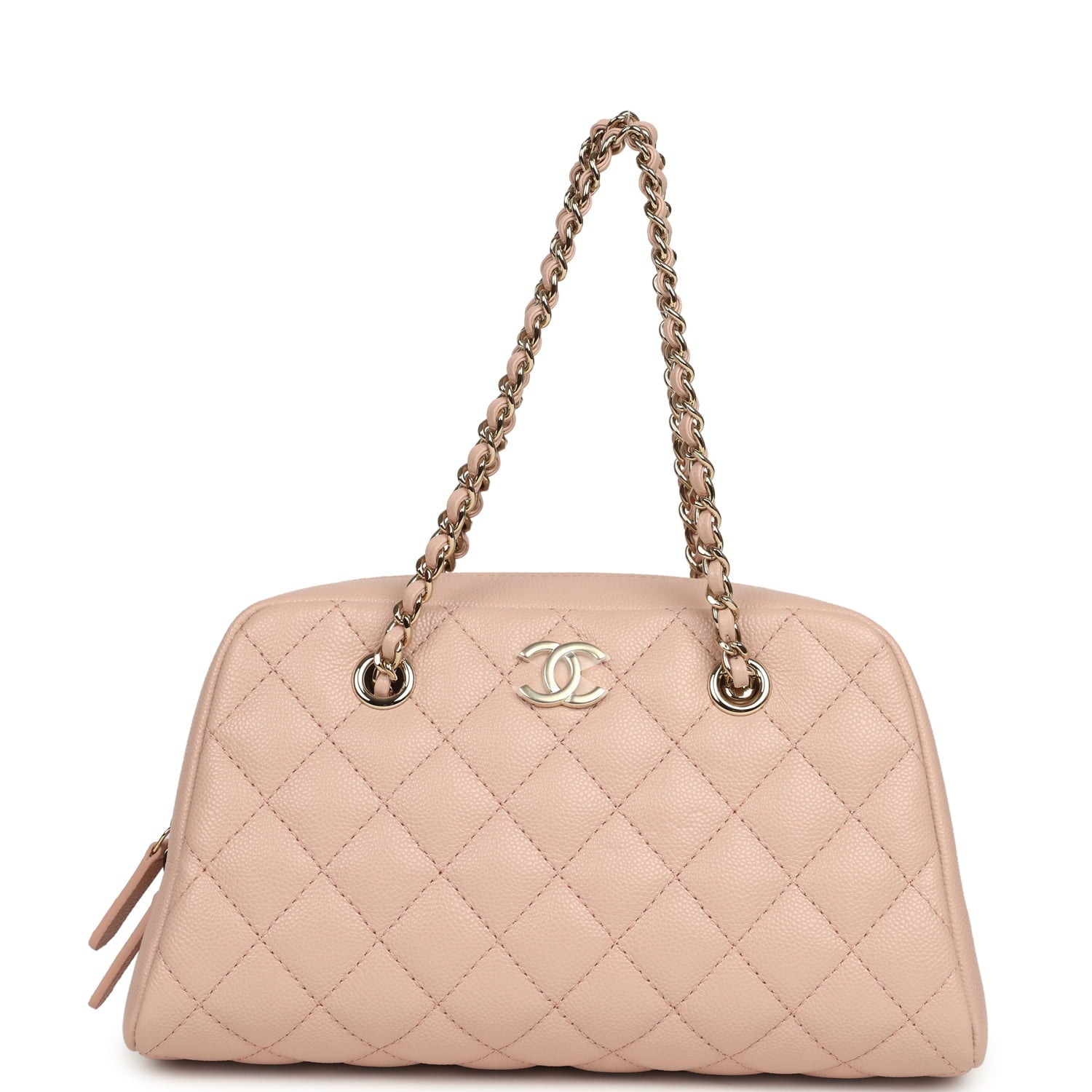 Small Bowling Clutch with Chain Straps Pink Shiny Caviar Light Gold Hardware
