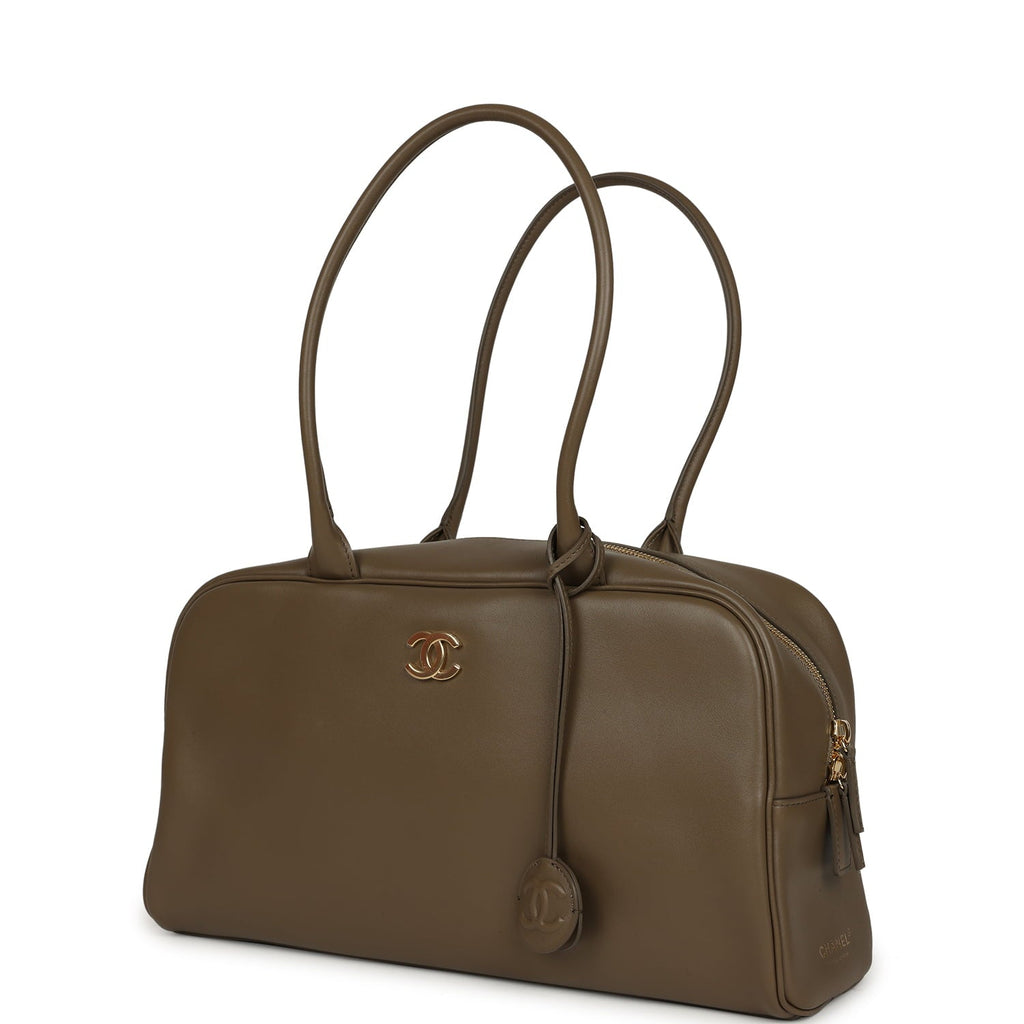 Large "Perfect Bowling" Bag Dark Khaki Calfskin Gold Hardware