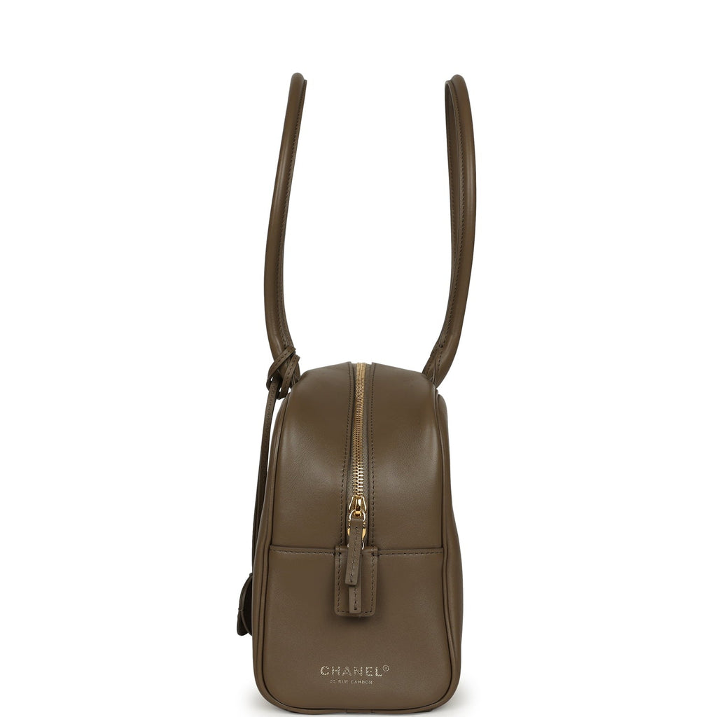 Large "Perfect Bowling" Bag Dark Khaki Calfskin Gold Hardware