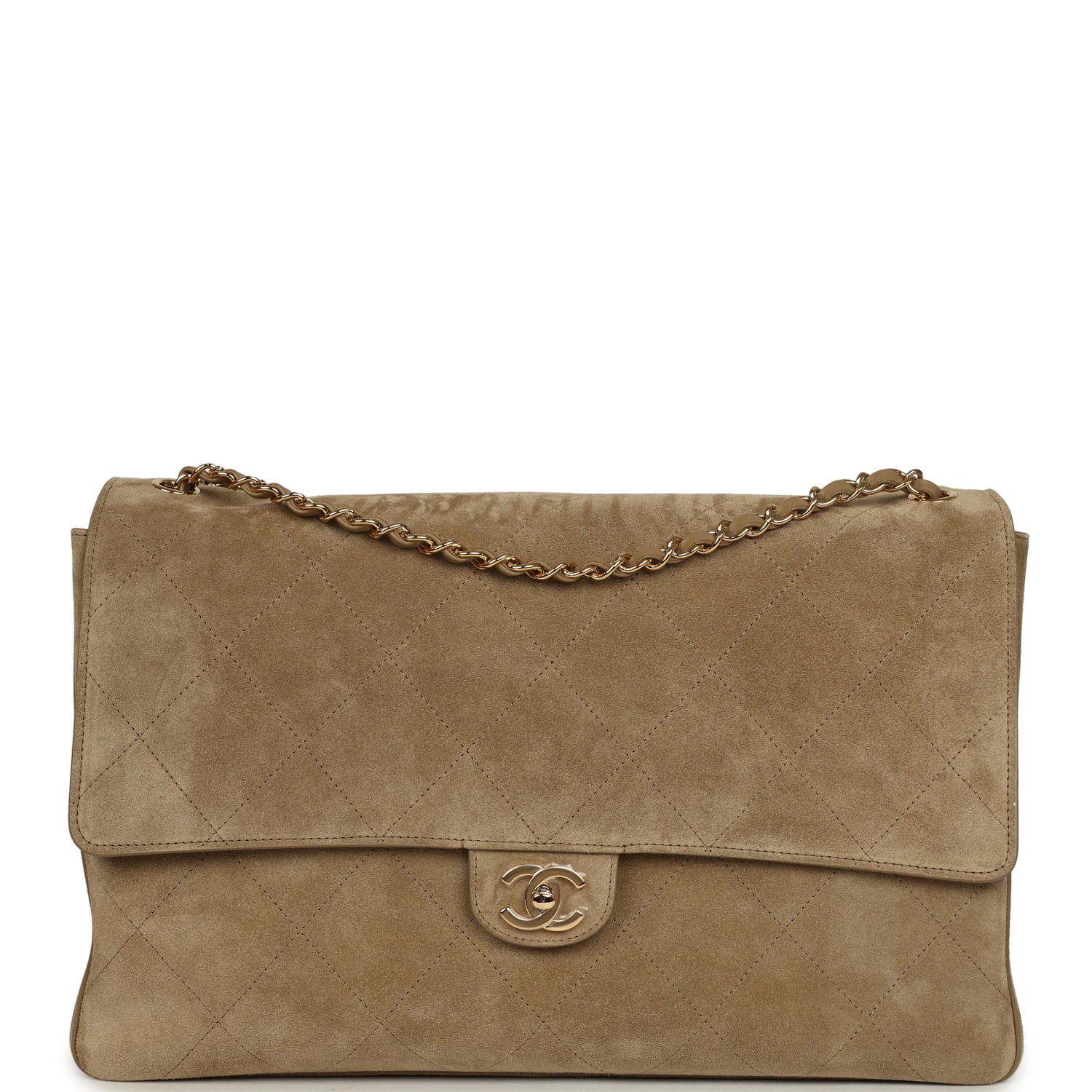 Maxi "Souplissimo" Large Flap Bag Dark Beige Suede Gold Hardware