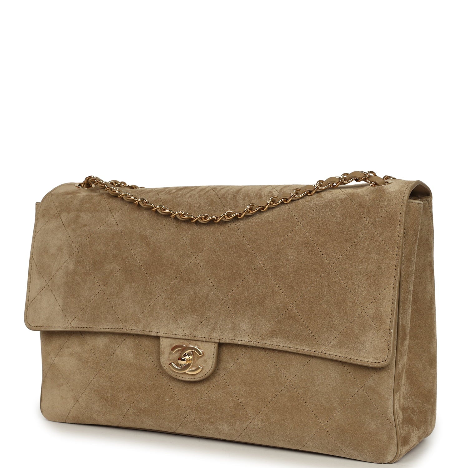 Maxi "Souplissimo" Large Flap Bag Dark Beige Suede Gold Hardware
