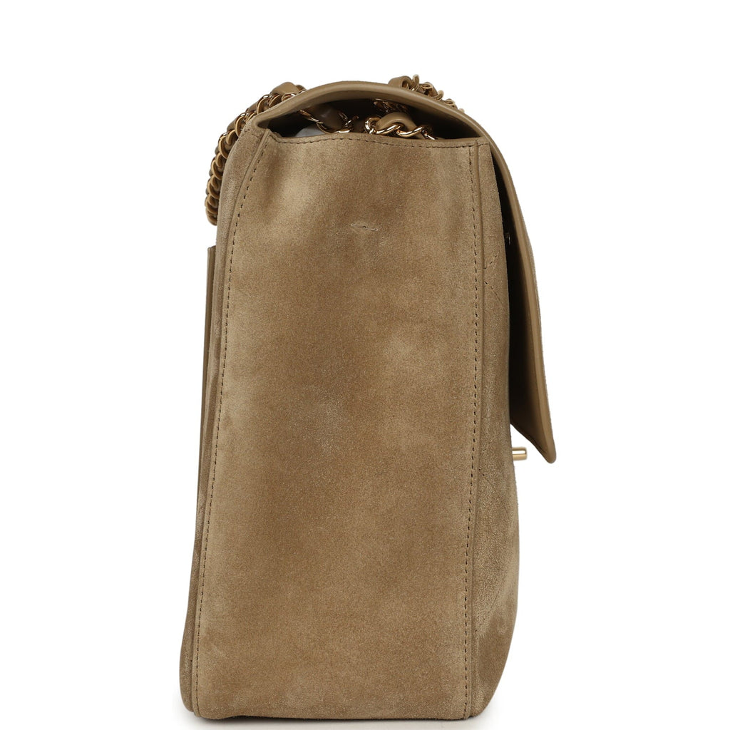 Maxi "Souplissimo" Large Flap Bag Dark Beige Suede Gold Hardware