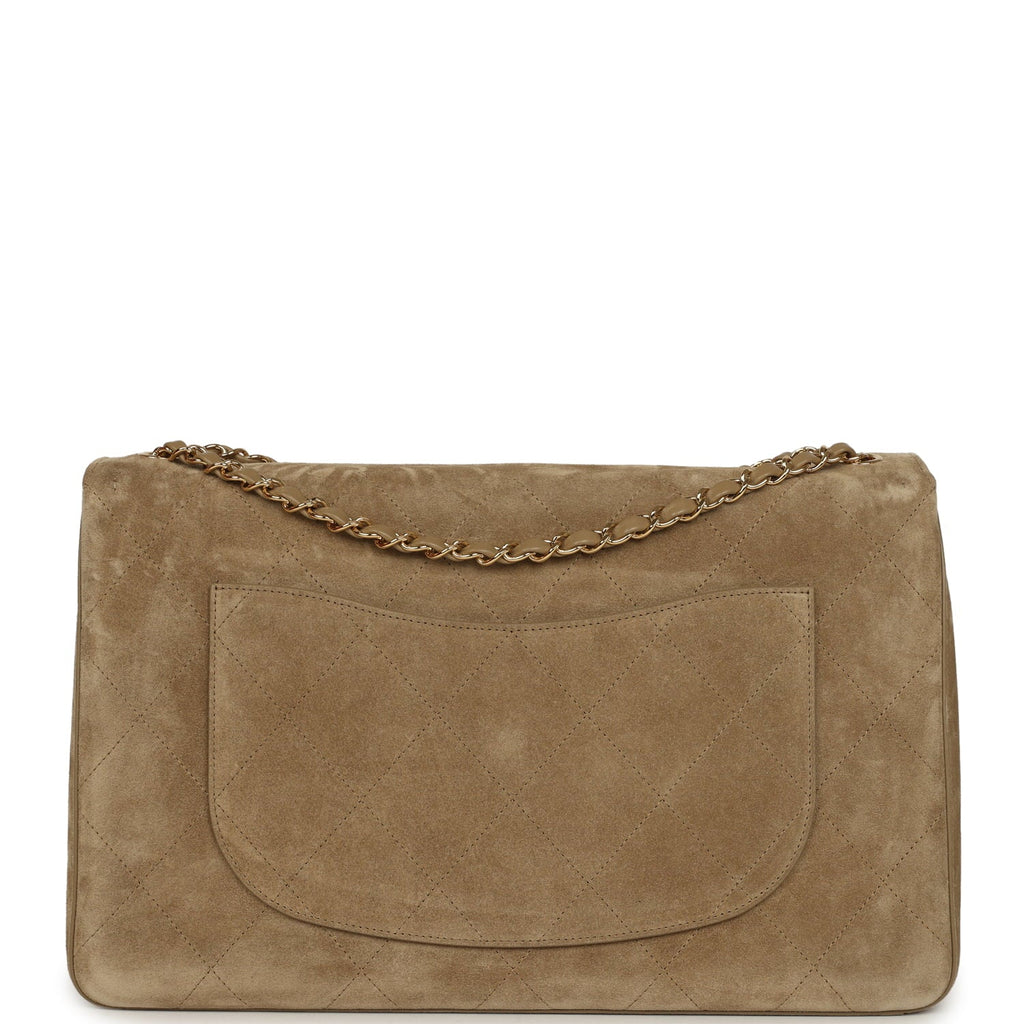 Maxi "Souplissimo" Large Flap Bag Dark Beige Suede Gold Hardware
