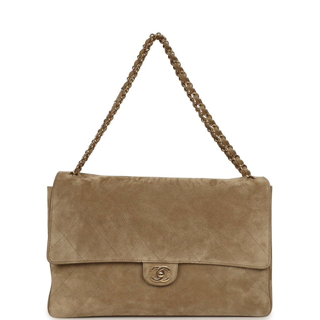 Maxi "Souplissimo" Large Flap Bag Dark Beige Suede Gold Hardware