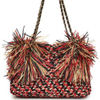 Small CC Shopping Bag Red, Beige, Black Braided Raffia Gold Hardware