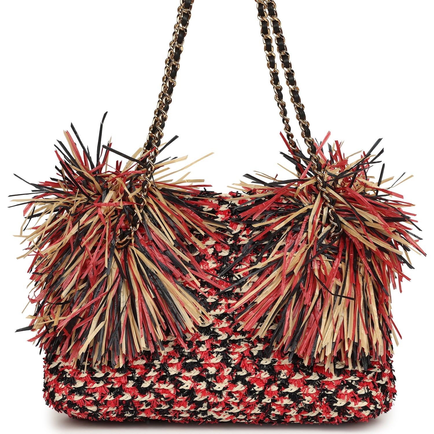 Small CC Shopping Bag Red, Beige, Black Braided Raffia Gold Hardware