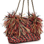 Small CC Shopping Bag Red, Beige, Black Braided Raffia Gold Hardware