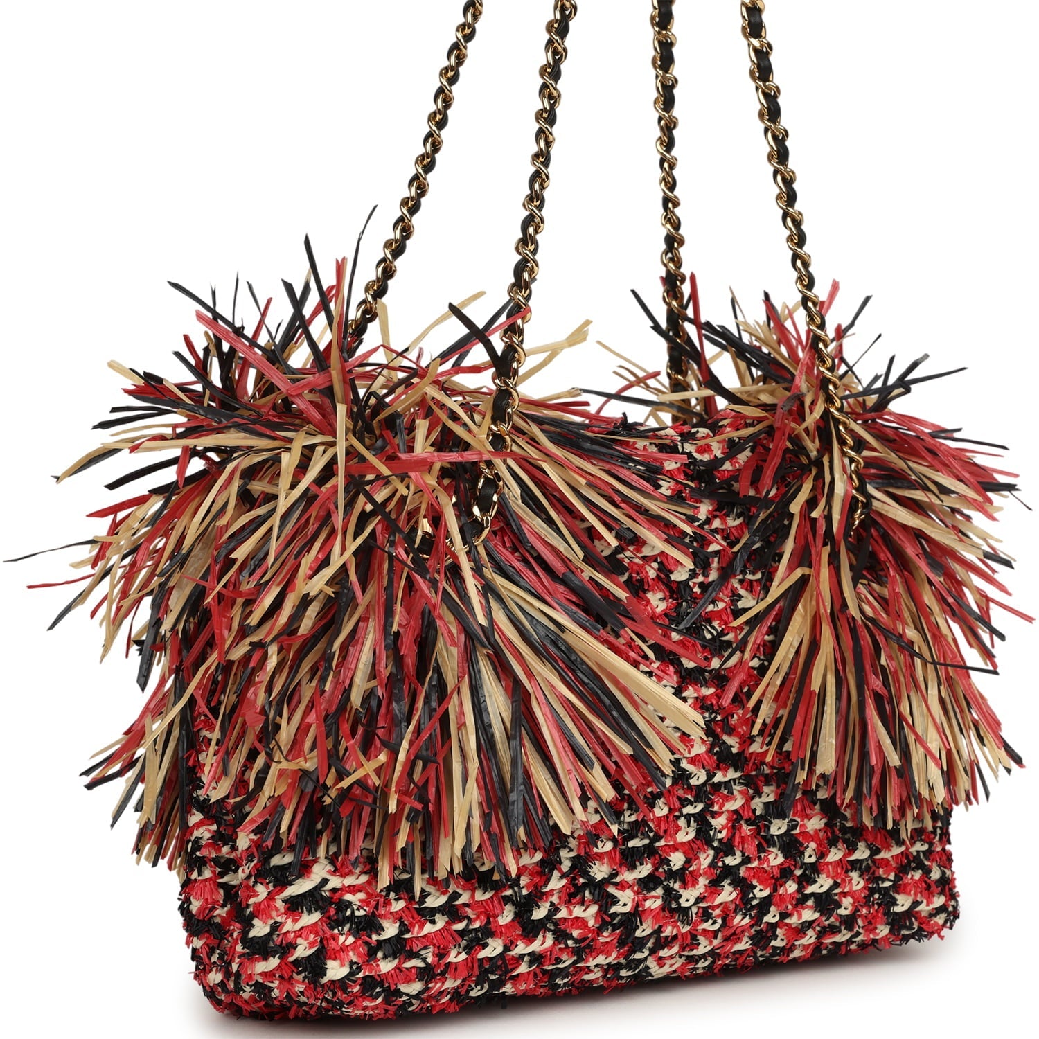 Small CC Shopping Bag Red, Beige, Black Braided Raffia Gold Hardware