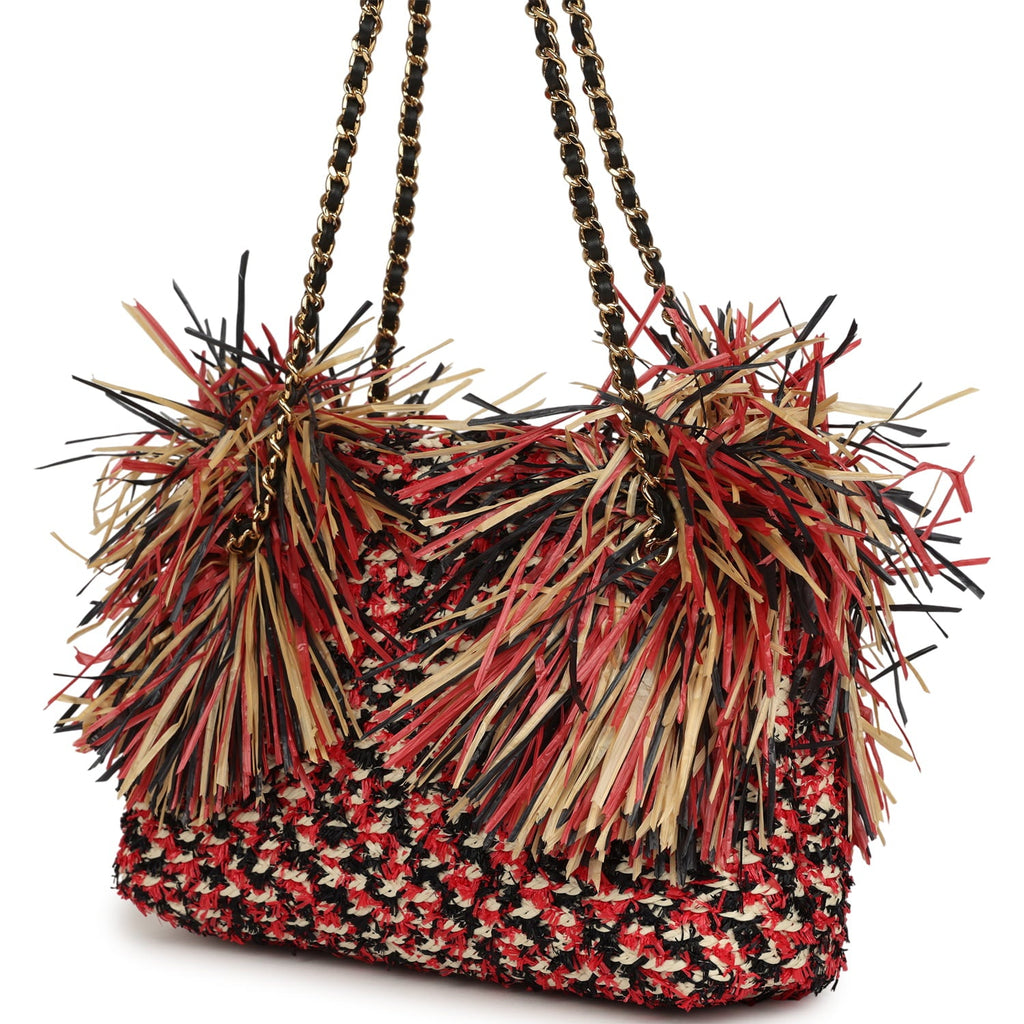 Small CC Shopping Bag Red, Beige, Black Braided Raffia Gold Hardware