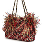 Small CC Shopping Bag Red, Beige, Black Braided Raffia Gold Hardware