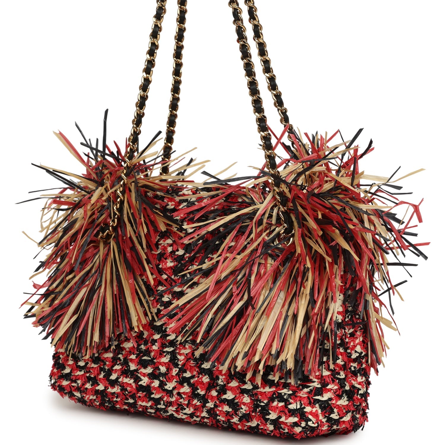 Small CC Shopping Bag Red, Beige, Black Braided Raffia Gold Hardware